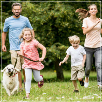 happy family with their dog om a leash at the park